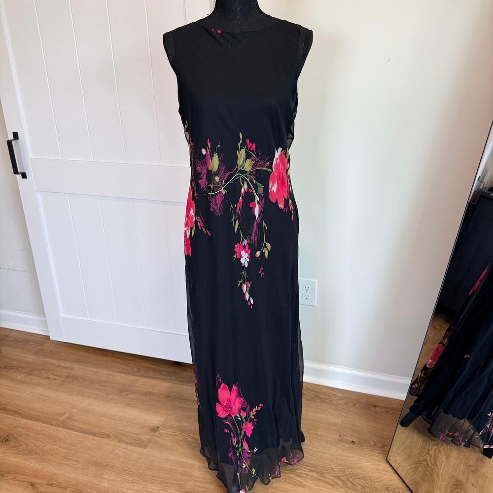 VTG Y2K B. Moss Dress Collection Black Floral Mesh Maxi Dress Sleeveless Size 10